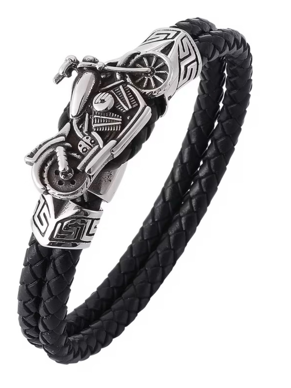 Black Braided Faux Leather Motorcycle Charm Bracelet